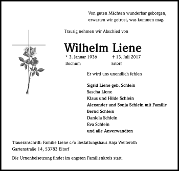 Anzeige von Wilhelm Liene von Kölner Stadt-Anzeiger / Kölnische Rundschau / Express