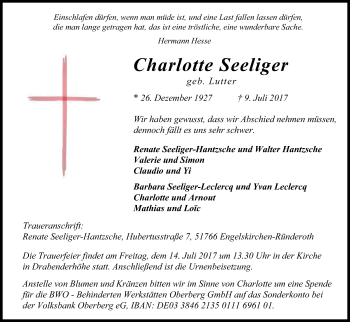 Anzeige von Charlotte Seeliger von Kölner Stadt-Anzeiger / Kölnische Rundschau / Express