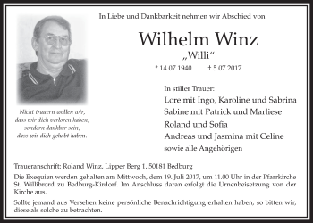 Anzeige von Wilhelm Winz von  Sonntags-Post 