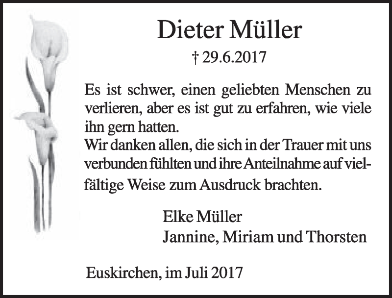  Traueranzeige für Dieter Müller vom 26.07.2017 aus  Schlossbote/Werbekurier 