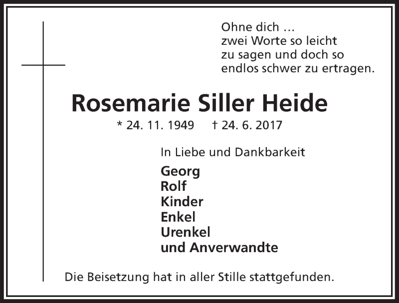  Traueranzeige für Rosemarie Siller Heide vom 05.07.2017 aus  Anzeigen Echo 