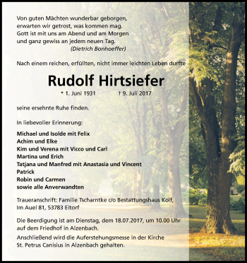 Anzeige von Rudolf Hirtsiefer von Kölner Stadt-Anzeiger / Kölnische Rundschau / Express