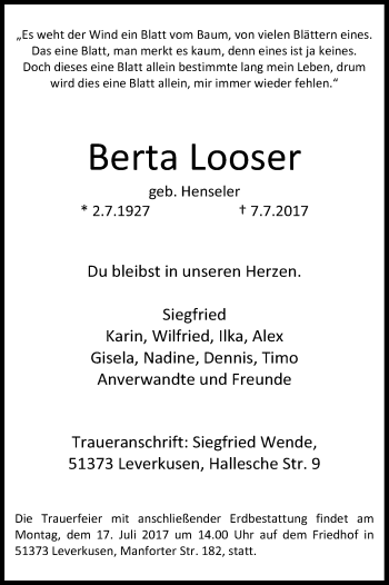 Anzeige von Berta Looser von Kölner Stadt-Anzeiger / Kölnische Rundschau / Express