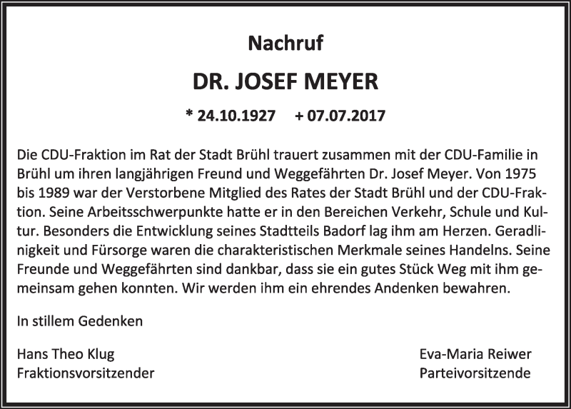  Traueranzeige für Josef Meyer vom 19.07.2017 aus  Schlossbote/Werbekurier 