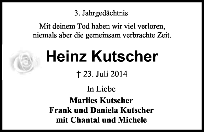  Traueranzeige für Heinz Kutscher vom 22.07.2017 aus Kölner Stadt-Anzeiger / Kölnische Rundschau / Express