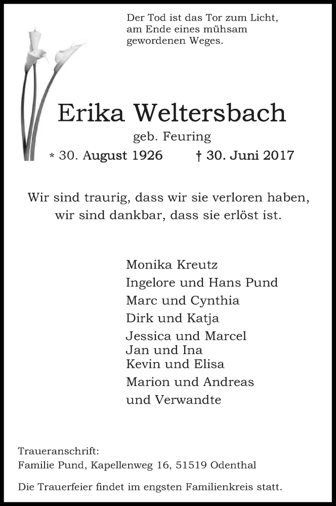  Traueranzeige für Erika Weltersbach vom 08.07.2017 aus Kölner Stadt-Anzeiger / Kölnische Rundschau / Express