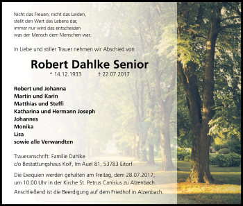 Anzeige von Robert  Dahlke Senior von Kölner Stadt-Anzeiger / Kölnische Rundschau / Express