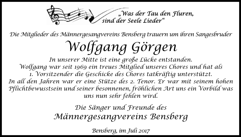  Traueranzeige für Wolfgang Görgen vom 06.07.2017 aus Kölner Stadt-Anzeiger / Kölnische Rundschau / Express