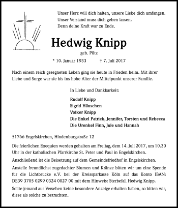 Anzeige von Hedwig Knipp von Kölner Stadt-Anzeiger / Kölnische Rundschau / Express