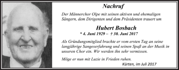 Anzeige von Hubert Bosbach von  Bergisches Handelsblatt 