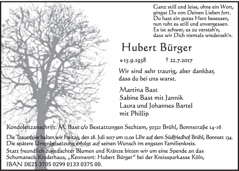  Traueranzeige für Hubert Bürger vom 26.07.2017 aus  Schlossbote/Werbekurier 