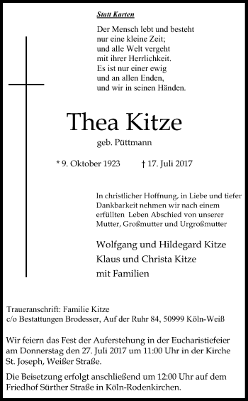 Anzeige von Thea Kitze von Kölner Stadt-Anzeiger / Kölnische Rundschau / Express