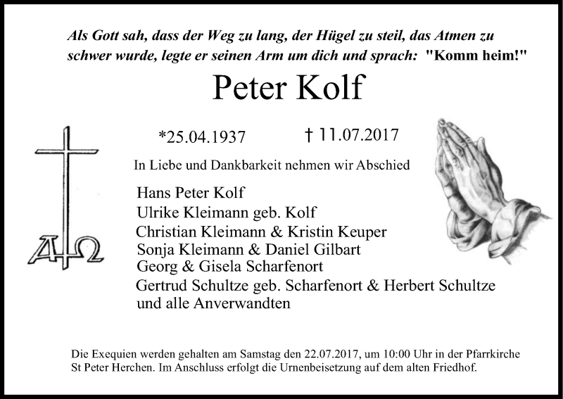  Traueranzeige für Peter Kolf vom 19.07.2017 aus Kölner Stadt-Anzeiger / Kölnische Rundschau / Express