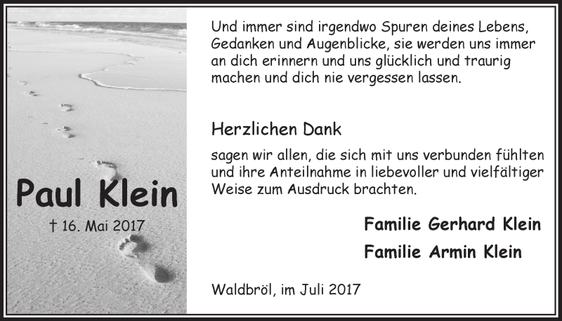  Traueranzeige für Paul Klein vom 12.07.2017 aus  Lokalanzeiger 