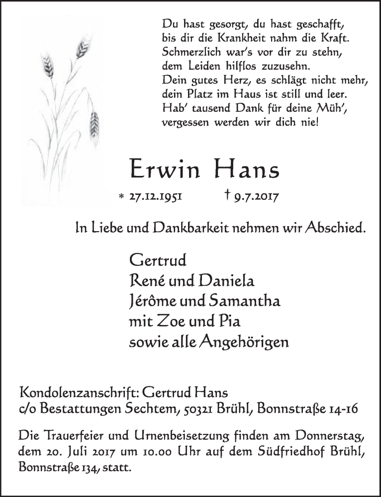  Traueranzeige für Erwin Hans vom 19.07.2017 aus  Schlossbote/Werbekurier 