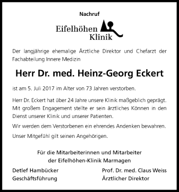 Anzeige von Heinz-Georg Eckert von Kölner Stadt-Anzeiger / Kölnische Rundschau / Express