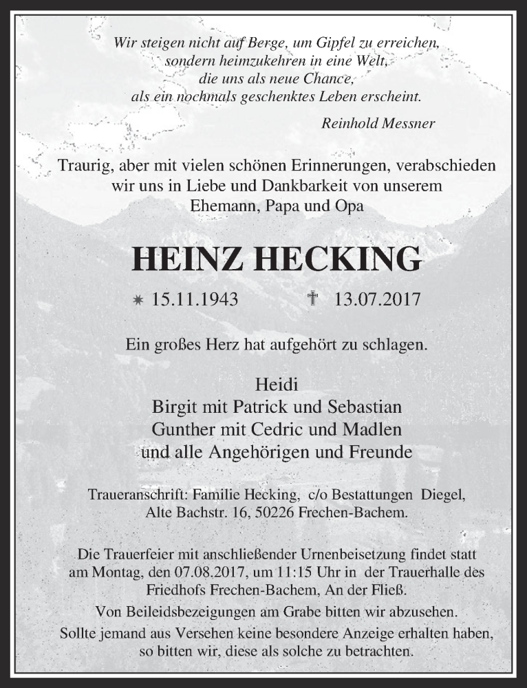  Traueranzeige für Heinz Hecking vom 26.07.2017 aus  Wochenende 