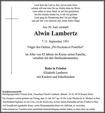 Anzeige von Alwin Lambertz von  Sonntags-Post 