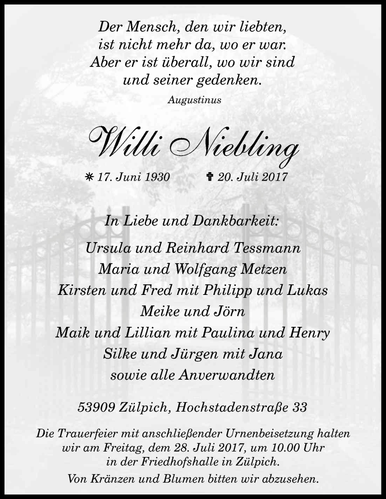  Traueranzeige für Willi Niebling vom 22.07.2017 aus Kölner Stadt-Anzeiger / Kölnische Rundschau / Express