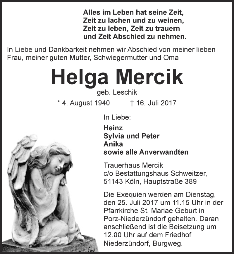  Traueranzeige für Helga Mercik vom 19.07.2017 aus  Kölner Wochenspiegel 