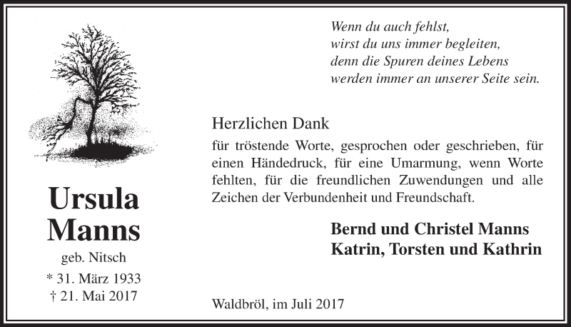  Traueranzeige für Ursula Manns vom 19.07.2017 aus  Lokalanzeiger 