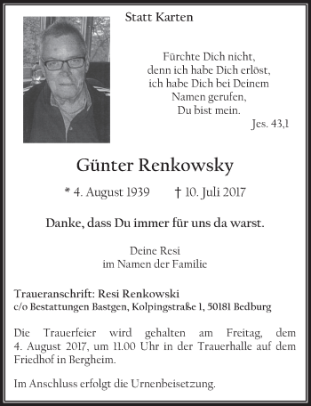 Anzeige von Günter Renkowsky von  Werbepost 