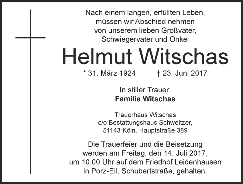  Traueranzeige für Helmut Witschas vom 05.07.2017 aus  Kölner Wochenspiegel 