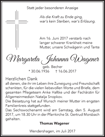 Anzeige von Margareta Johanna Wagener von  Lokalanzeiger 