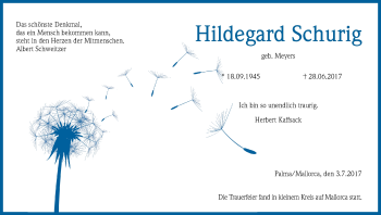 Anzeige von Hildegard Schurig von Kölner Stadt-Anzeiger / Kölnische Rundschau / Express