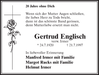 Anzeige von Gertrud Englisch von  Schlossbote/Werbekurier 