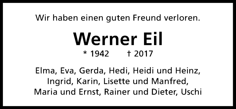 Traueranzeige für Werner Eil vom 15.07.2017 aus Kölner Stadt-Anzeiger / Kölnische Rundschau / Express