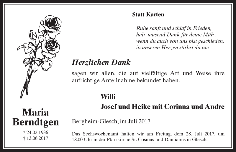  Traueranzeige für Maria Berndtgen vom 26.07.2017 aus  Werbepost 