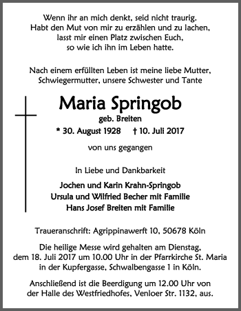 Anzeige von Maria Springob von Kölner Stadt-Anzeiger / Kölnische Rundschau / Express