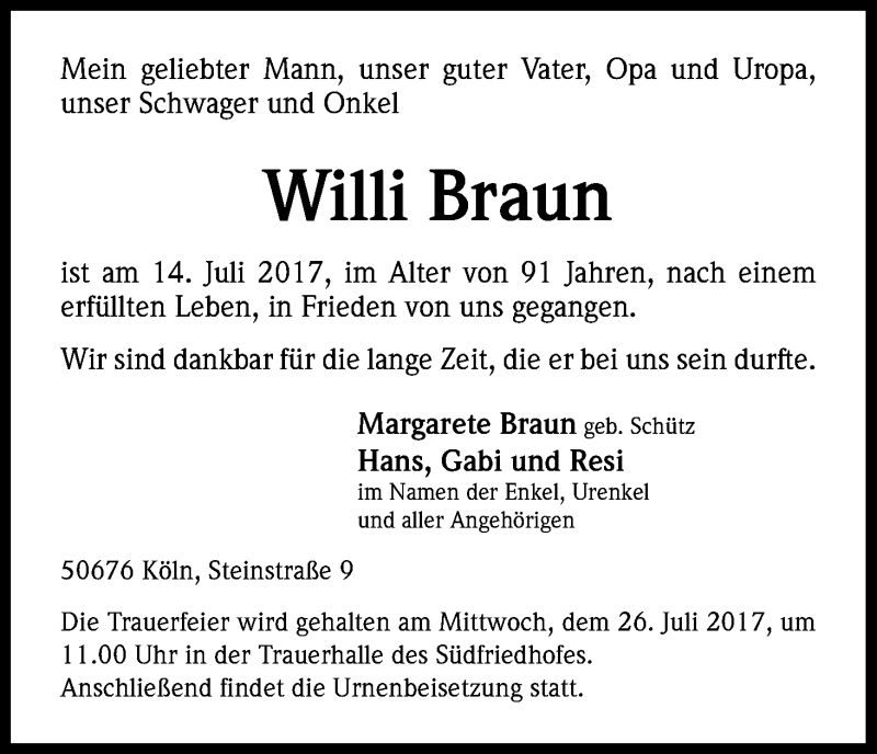  Traueranzeige für Willi Braun vom 22.07.2017 aus Kölner Stadt-Anzeiger / Kölnische Rundschau / Express