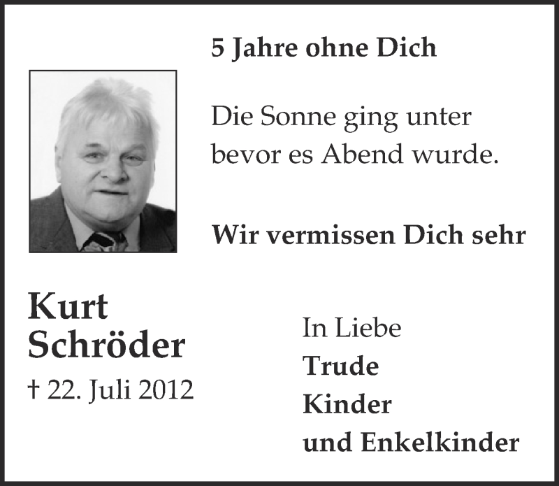  Traueranzeige für Kurt Schröder vom 22.07.2017 aus  Blickpunkt Euskirchen 
