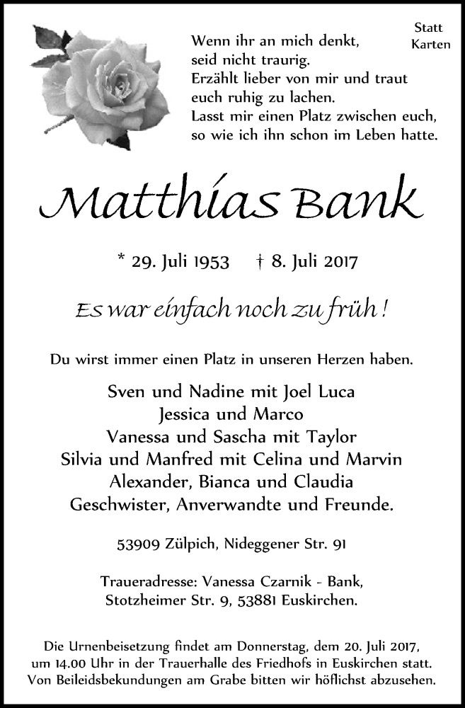  Traueranzeige für Matthias Bank vom 15.07.2017 aus  Blickpunkt Euskirchen 