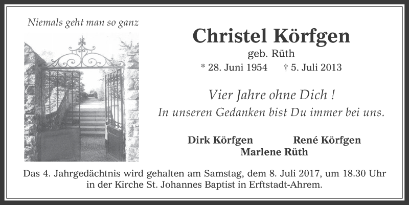  Traueranzeige für Christel Körfgen vom 05.07.2017 aus  Werbepost 