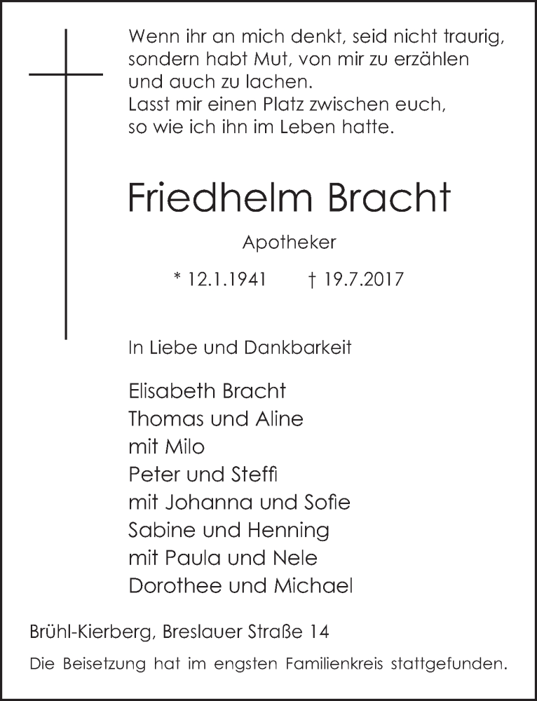  Traueranzeige für Friedhelm Bracht vom 26.07.2017 aus  Schlossbote/Werbekurier 