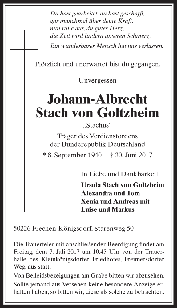  Traueranzeige für Johann-Albrecht Stach von Goltzheim vom 05.07.2017 aus  Wochenende 