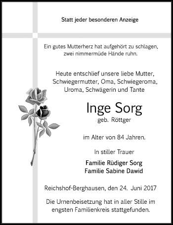 Anzeige von Inge Sorg von  Anzeigen Echo 