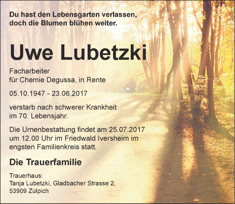 Traueranzeige für Uwe Lubetzki vom 22.07.2017 aus  Blickpunkt Euskirchen 