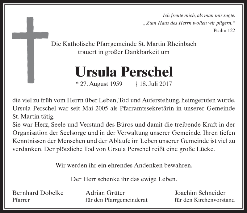  Traueranzeige für Ursula Perschel vom 26.07.2017 aus  Schaufenster/Blickpunkt 