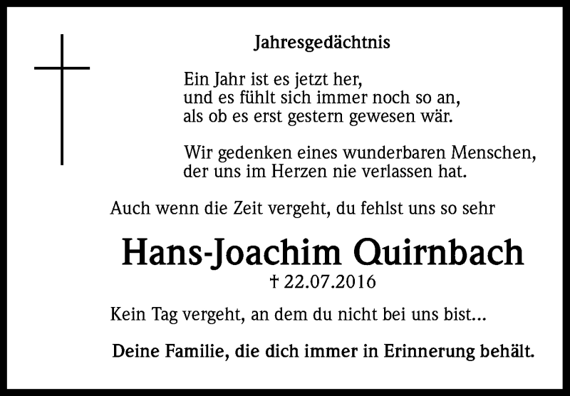  Traueranzeige für Hans-Joachim Quirnbach vom 25.07.2017 aus Kölner Stadt-Anzeiger / Kölnische Rundschau / Express