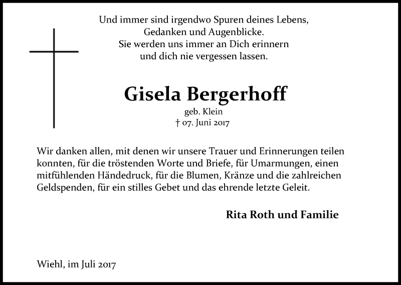  Traueranzeige für Gisela Bergerhoff vom 25.07.2017 aus Kölner Stadt-Anzeiger / Kölnische Rundschau / Express