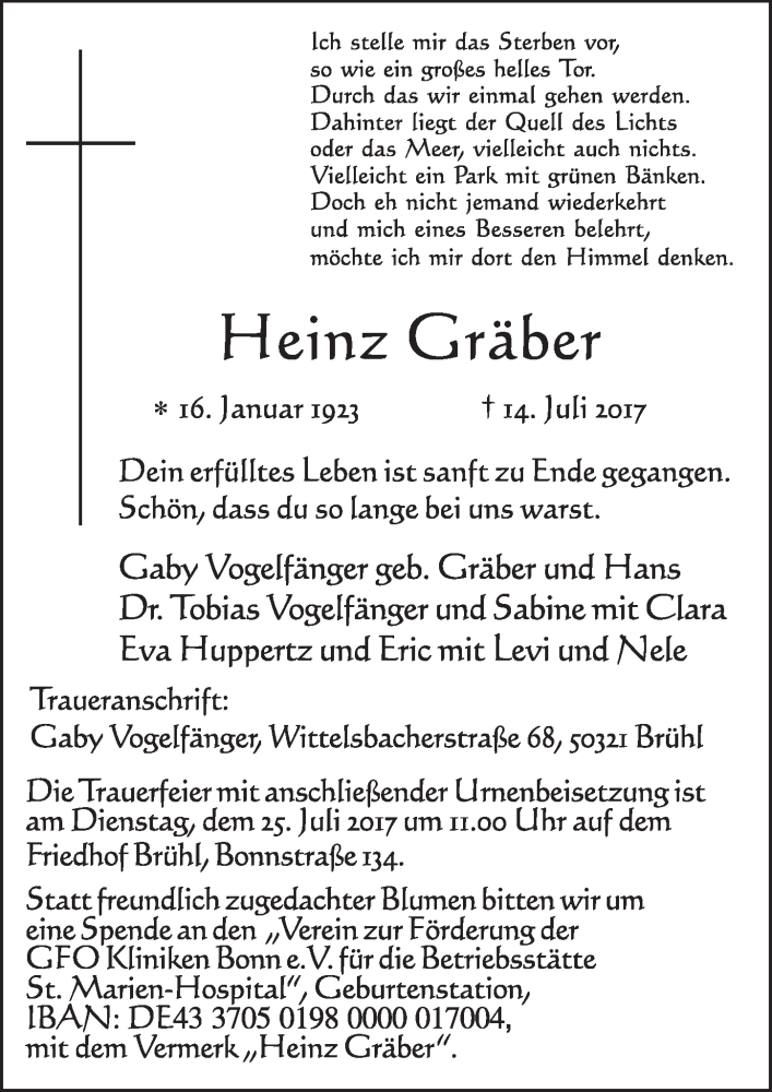  Traueranzeige für Heinz Gräber vom 19.07.2017 aus  Schlossbote/Werbekurier 