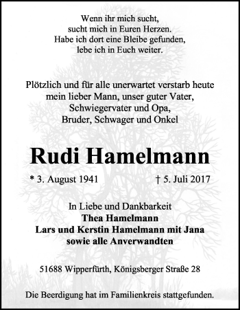 Anzeige von Rudi Hamelmann von Kölner Stadt-Anzeiger / Kölnische Rundschau / Express