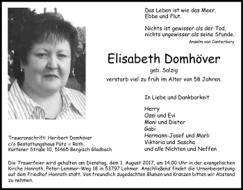 Anzeige von Elisabeth Domhöver von Kölner Stadt-Anzeiger / Kölnische Rundschau / Express