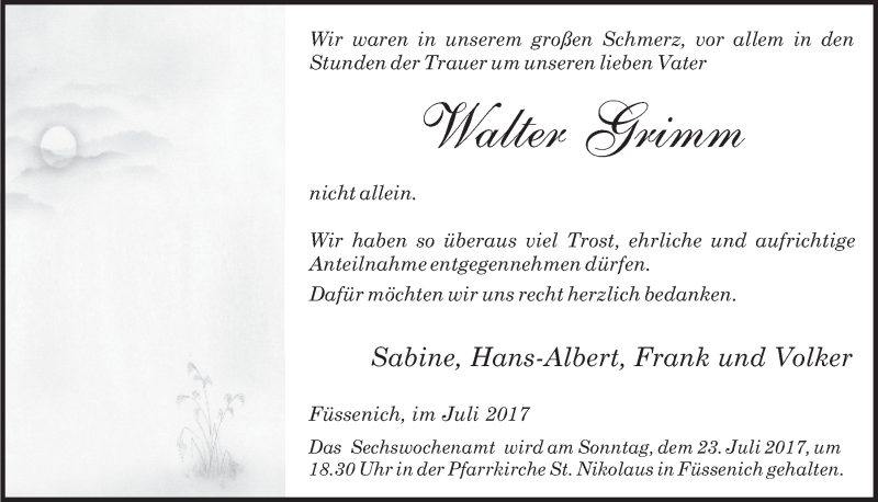  Traueranzeige für Walter Grimm vom 08.07.2017 aus  Blickpunkt Euskirchen 