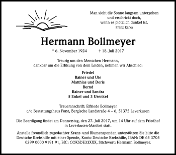 Anzeige von Hermann Bollmeyer von Kölner Stadt-Anzeiger / Kölnische Rundschau / Express