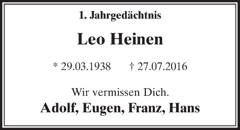  Traueranzeige für Leo Heinen vom 26.07.2017 aus  Schlossbote/Werbekurier 